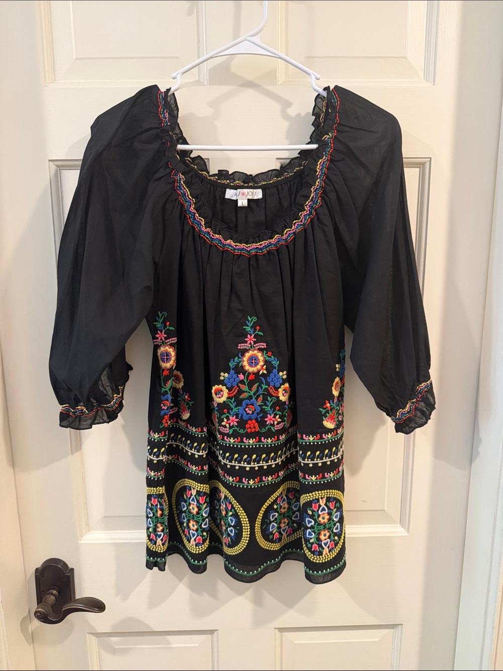 Joy Joy bohemian-inspired peasant Blouse with Multicolor Embroidered Trim